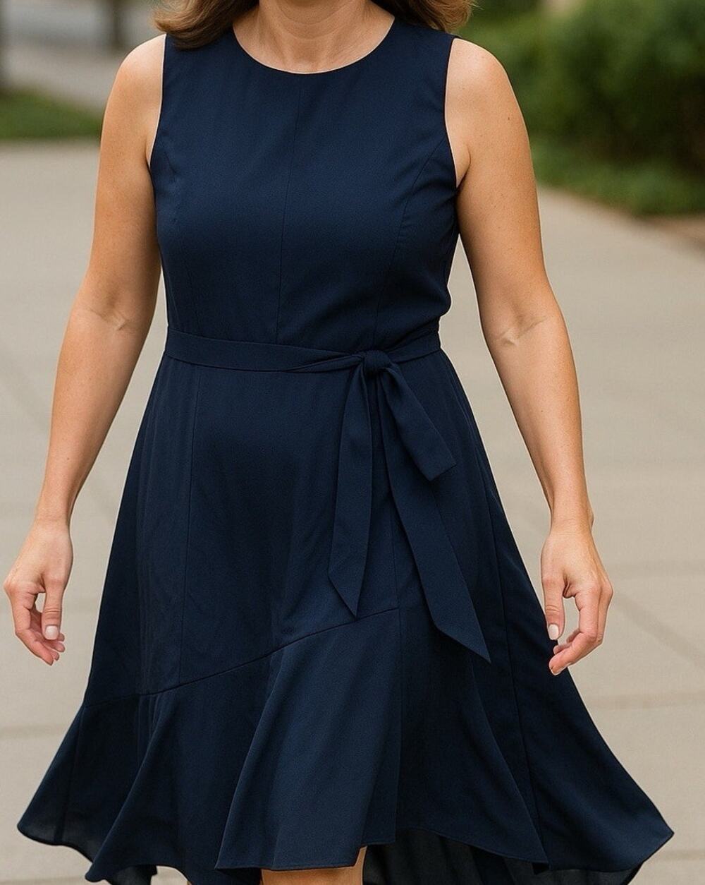 Navy Chiffon Maxi Dress Fit Flare Formal Wedding Guest Elegant L